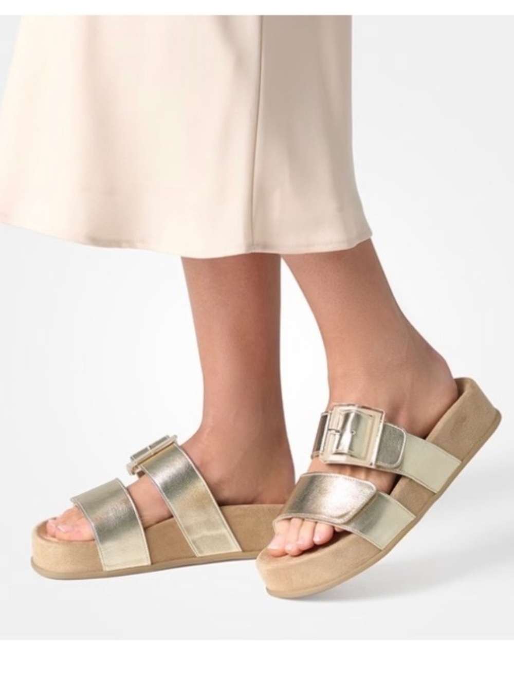 Paul Green US 8.5 Aloha Slide Leather Sandals Metallic Gold Double-Band